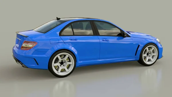 Синій супер швидкий спортивний автомобіль на сірому фоні. Седан форми тіла. Налаштування - це версія звичайного сімейного автомобіля. 3D візуалізація . — стокове фото