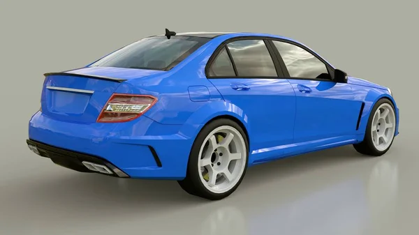 Синій супер швидкий спортивний автомобіль на сірому фоні. Седан форми тіла. Налаштування - це версія звичайного сімейного автомобіля. 3D візуалізація . — стокове фото