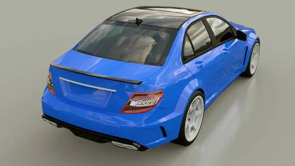 Azul super rápido coche deportivo sobre un fondo gris. Forma del cuerpo sedán. Tuning es una versión de un coche familiar ordinario. renderizado 3d . — Foto de Stock