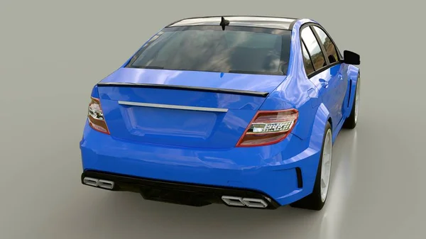 Blauer superschneller Sportwagen auf grauem Hintergrund. Karosserieform Limousine. Tuning ist eine Version eines gewöhnlichen Familienautos. 3D-Darstellung. — Stockfoto