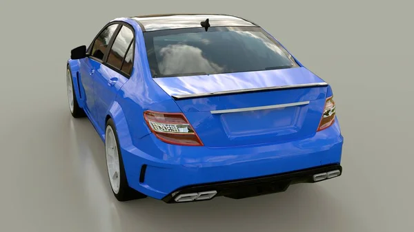 Azul super rápido coche deportivo sobre un fondo gris. Forma del cuerpo sedán. Tuning es una versión de un coche familiar ordinario. renderizado 3d . —  Fotos de Stock