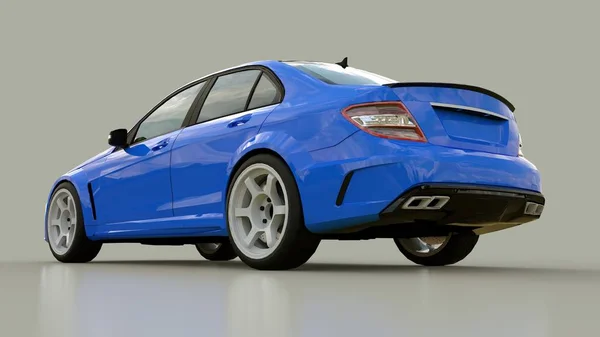 Azul super rápido coche deportivo sobre un fondo gris. Forma del cuerpo sedán. Tuning es una versión de un coche familiar ordinario. renderizado 3d . — Foto de Stock