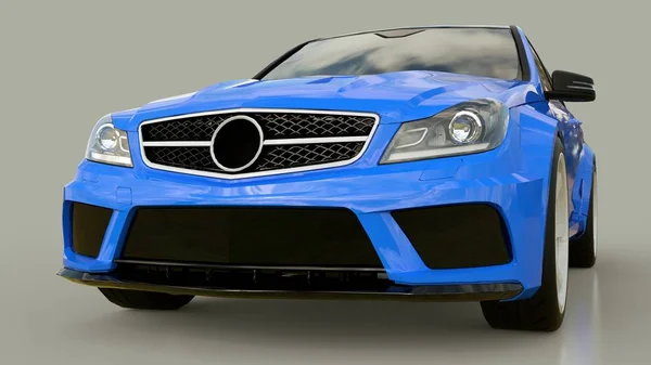 Azul super rápido coche deportivo sobre un fondo gris. Forma del cuerpo sedán. Tuning es una versión de un coche familiar ordinario. renderizado 3d . — Foto de Stock