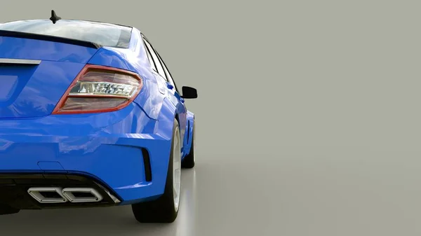 Mobil sport super cepat biru dengan latar belakang abu-abu. Bentuk tubuh sedan. Tuning adalah versi mobil keluarga biasa. Rendering 3d . — Stok Foto