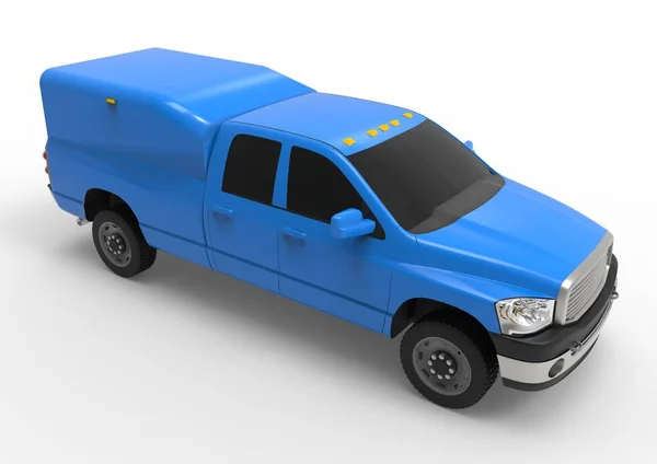 Блакитна вантажівка для доставки комерційних автомобілів з подвійною кабіною та фургоном. Машина без знаків з чистим порожнім тілом для розміщення ваших логотипів та етикеток. 3D візуалізація . — стокове фото