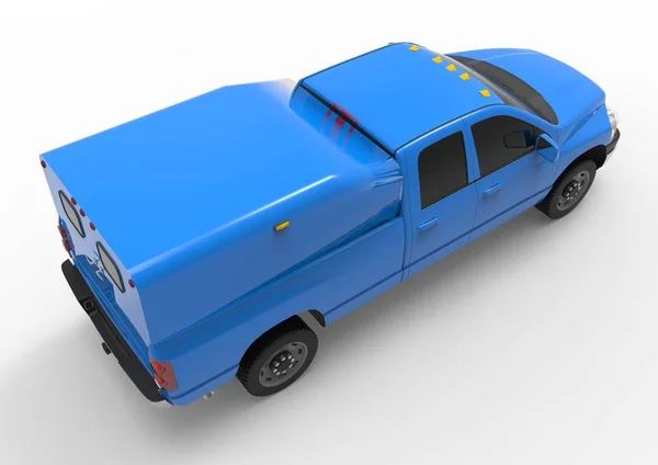 Blue commercial vehicle delivery truck with a double cab and a van. Machine without insignia with a clean empty body to accommodate your logos and labels. 3d rendering.