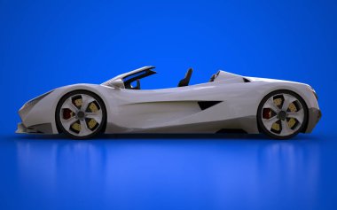 Beyaz kavramsal cabriolet şehir etrafında sürüş ve mavi bir arka plan üzerinde parça yarış için spor. 3D render.