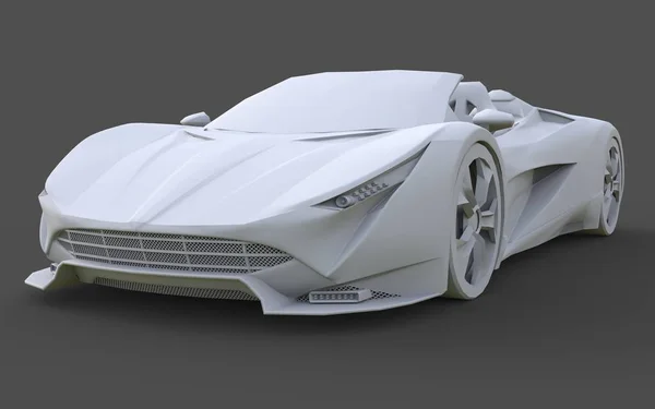 White plastic conceptual model of a sports car convertible on a gray background. 3d rendering