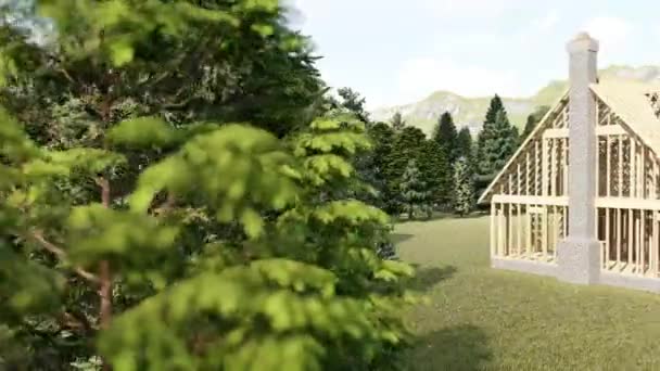 用壁炉和烟囱在混凝土基础上的木制房子的框架 未完成的对象在一个美丽的自然地方与森林 草甸和山 — 图库视频影像