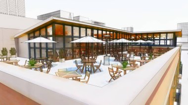 Ticaret ve ofis merkezi birçok Mağazalar, kafeler ve restoranlar ile. Kentsel çevre kültür ve eğlence alanı. 3D render