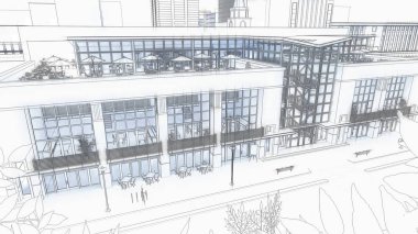 Ticaret ve ofis merkezi birçok Mağazalar, kafeler ve restoranlar ile. Kentsel çevre kültür ve eğlence alanı. 3D render