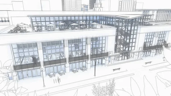 Ticaret ve ofis merkezi birçok Mağazalar, kafeler ve restoranlar ile. Kentsel çevre kültür ve eğlence alanı. 3D render