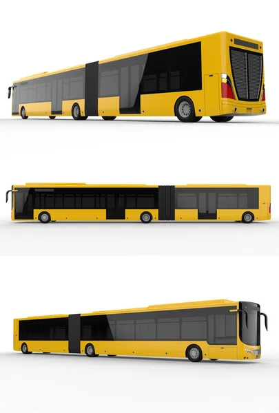 ラッシュ時や人の輸送中に人口密集地域で大きい乗客容量のための追加の細長い部分で大規模な都市バスを設定します イメージおよび銘刻文字を配置するためのモデルのテンプレートです レンダリング — ストック写真