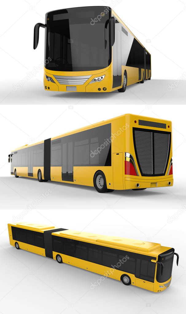 Set large city bus with an additional elongated part for large passenger capacity during rush hour or transportation of people in densely populated areas. Model template for placing your images and inscriptions. 3d rendering
