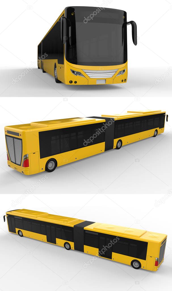 Set large city bus with an additional elongated part for large passenger capacity during rush hour or transportation of people in densely populated areas. Model template for placing your images and inscriptions. 3d rendering