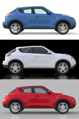 Hafif mavi, beyaz ve kırmızı küçük araba crossover Suv ayarlayın. 3D render