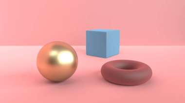 Geometrik şekiller soyut sahne. Altın top ve mavi küp ve kırmızı-kahverengi simit. Yumuşak dağınık ışık toz pembe 3d sahnede. 3D render