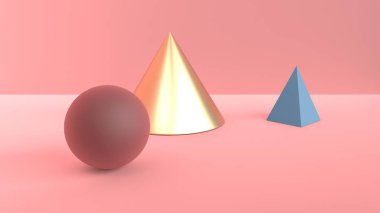 Geometrik şekiller soyut sahne. Altın koni, mavi piramit ve bordo-kahverengi top. Yumuşak dağınık ışık toz pembe 3d sahnede. 3D render