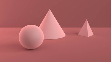 Geometrik şekiller soyut sahne. Top, koni ve piramit toz pembe. Yumuşak ortam ışığı kırmızı-kahverengi arka plan ile 3d sahnede. 3D render