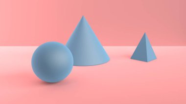 Geometrik şekiller soyut sahne. Top, koni ve piramit mavi. Yumuşak ortam ışığı 3B sahnede yumuşak pembe bir arka plan ile. 3D render