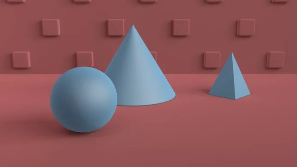 Adegan Abstrak Dengan Bentuk Geometris Bola Kerucut Dan Piramida Biru — Stok Foto