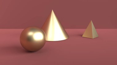 Geometrik şekiller soyut sahne. Top, koni ve piramit altın renk. Yumuşak ortam ışığı kırmızı-kahverengi arka plan ile 3d sahnede. 3D render
