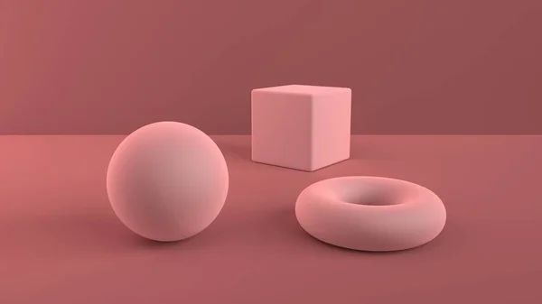 Scène Abstraite Formes Géométriques Balle Cube Tore Rose Tendre Lumière — Photo