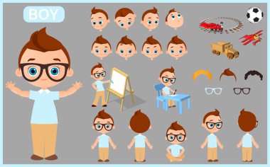 Çizgi film karakteri çocuk Oluşturucu oluşturma maskot kiti. Pozisyonlar, saç kesimi, duygular ile ayarlayın. İzole vektör çizim