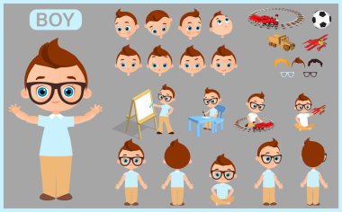 Çizgi film karakteri çocuk Oluşturucu oluşturma maskot kiti. Pozisyonlar, saç kesimi, duygular ile ayarlayın. İzole vektör çizim