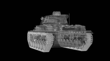 İkinci Dünya Savaşı Alman tank beyaz hologram bir ekseni etrafında döner. Döngü video.