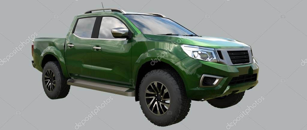 Green commercial vehicle delivery truck with a double cab. Machine without insignia with a clean empty body to accommodate your logos and labels. 3d rendering