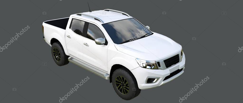 White commercial vehicle delivery truck with a double cab. Machine without insignia with a clean empty body to accommodate your logos and labels. 3d rendering