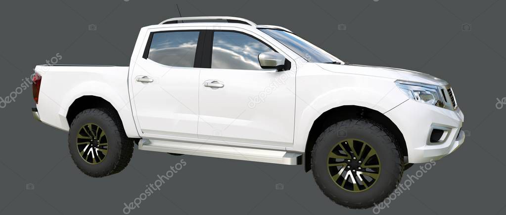 White commercial vehicle delivery truck with a double cab. Machine without insignia with a clean empty body to accommodate your logos and labels. 3d rendering