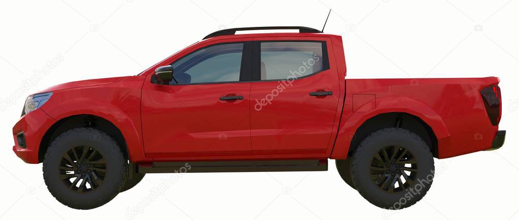 Red commercial vehicle delivery truck with a double cab. Machine without insignia with a clean empty body to accommodate your logos and labels. 3d rendering