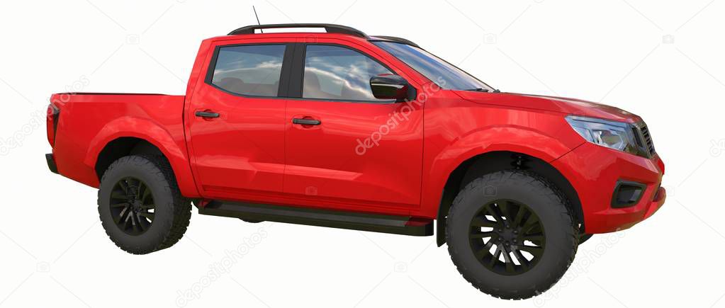 Red commercial vehicle delivery truck with a double cab. Machine without insignia with a clean empty body to accommodate your logos and labels. 3d rendering
