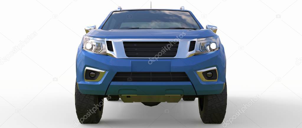 Blue commercial vehicle delivery truck with a double cab. Machine without insignia with a clean empty body to accommodate your logos and labels. 3d rendering