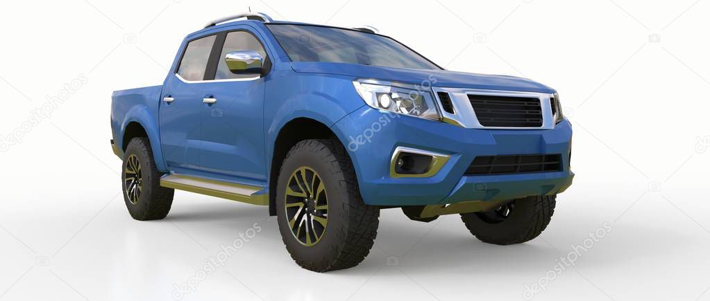 Blue commercial vehicle delivery truck with a double cab. Machine without insignia with a clean empty body to accommodate your logos and labels. 3d rendering