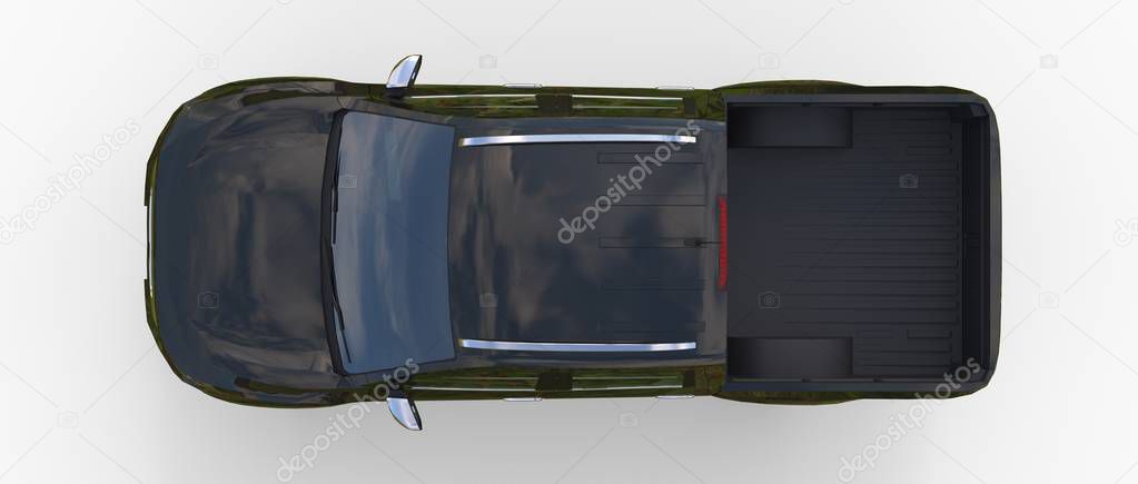 Black commercial vehicle delivery truck with a double cab. Machine without insignia with a clean empty body to accommodate your logos and labels. 3d rendering