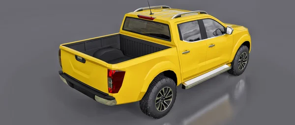 Yellow commercial vehicle delivery truck with a double cab. Machine without insignia with a clean empty body to accommodate your logos and labels. 3d rendering