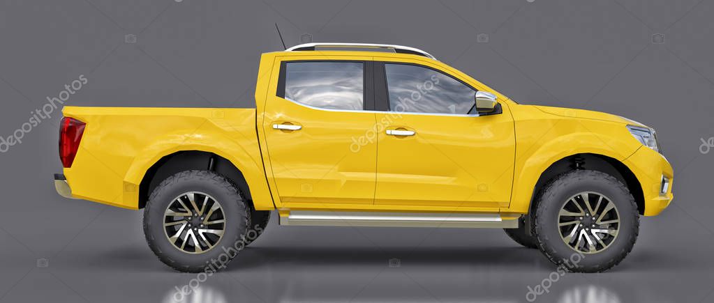 Yellow commercial vehicle delivery truck with a double cab. Machine without insignia with a clean empty body to accommodate your logos and labels. 3d rendering