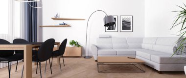 Gün boyunca oturma odası parlak iç. 3D render.