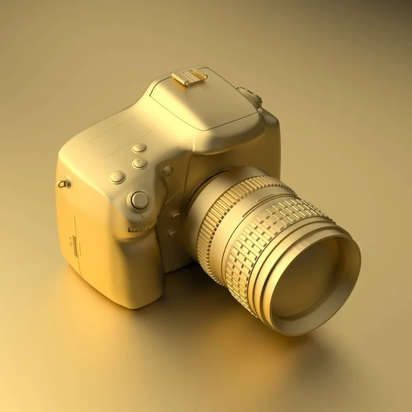 Cool gold professional camera on gold background. Illustration in Minimal style. 3d rendering