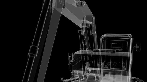 A câmera se move sobre a escavadeira a partir de linhas e partes translúcidas . — Vídeo de Stock