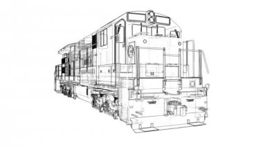 Modern dizel Tren Lokomotif ile büyük güç ve güç uzun ve ağır demiryolu tren hareket etmek için. 3D video şekil anahattı kontur çizgilerle.