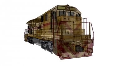 Modern dizel Tren Lokomotif ile büyük güç ve güç uzun ve ağır demiryolu tren hareket etmek için. 3D video şekil anahattı kontur çizgilerle.