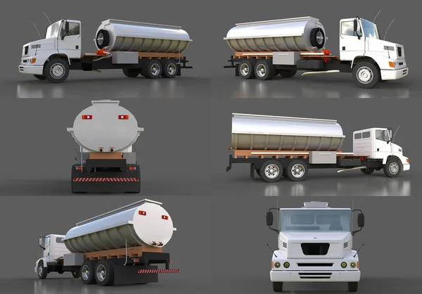 Zestaw Duży Biały Ciężarówka Cysterna Polerowanego Metalu Przyczepy Widoki Wszystkich — Zdjęcie stockowe