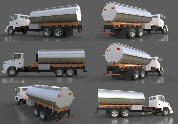 Zestaw Duży Biały Ciężarówka Cysterna Polerowanego Metalu Przyczepy Widoki Wszystkich — Zdjęcie stockowe