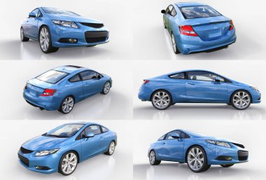 Mavi küçük spor otomobil coupe ayarlayın. 3D render