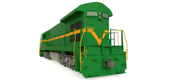 Moderne groene diesel locomotief met grote macht en kracht voor het bewegen van de lange en zware railroad trein van de spoorweg. 3D-rendering. — Stockfoto