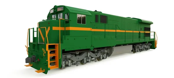 Locomotive ferroviaire diesel verte moderne avec une grande puissance et force pour déplacer un train ferroviaire long et lourd. Rendu 3d . — Photo